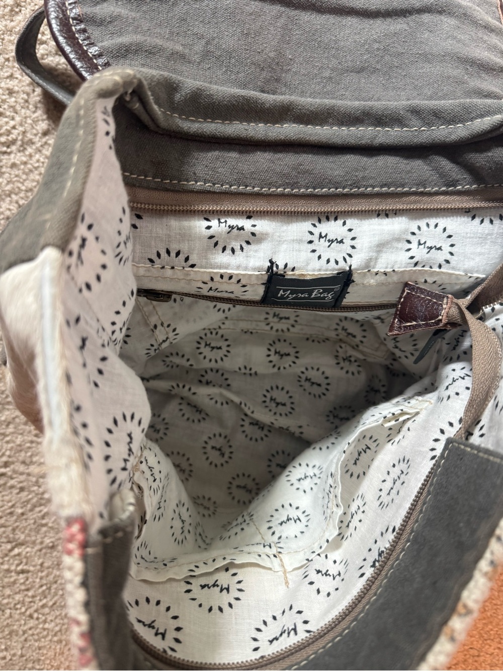 Myra Bag Neutral Cowhide & Floral Tapestry Crossbody Tote - Picture 4 of 4